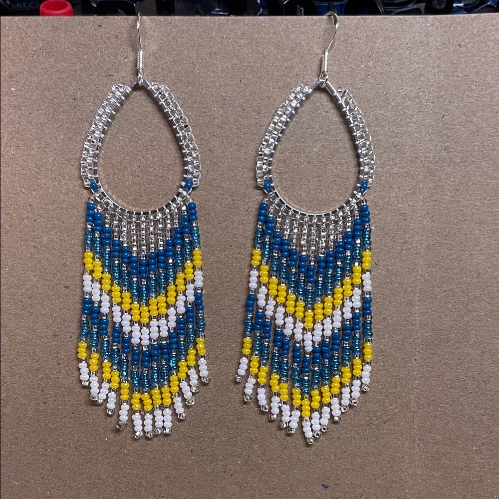 Beaded Teardrop Earrings - Blue, Yellow, White. Warriors colors.